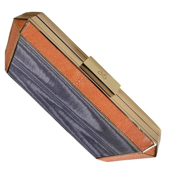 Anya Hindmarch Duke Stingray Moire Clutch Exotic Gold Tone Metal Satin Coral NWT - Picture 12 of 16